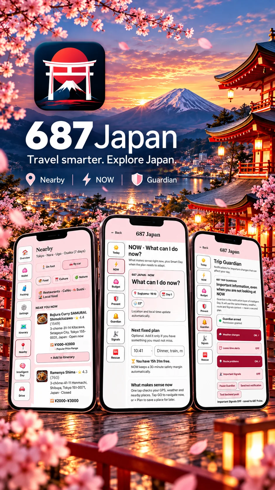 687 Japan travel companion screens showing trip planning and intelligent travel features